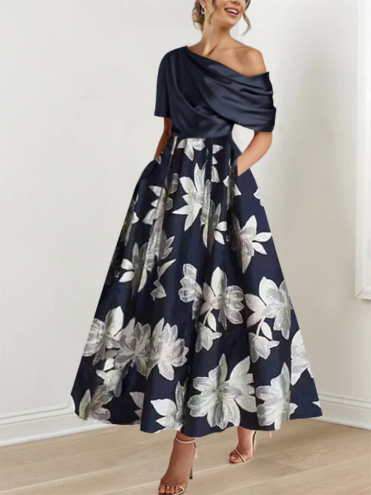 long floral mother of the bride dresses Printed Floral One-Shoulder A-Line Mother of the Bride Gown