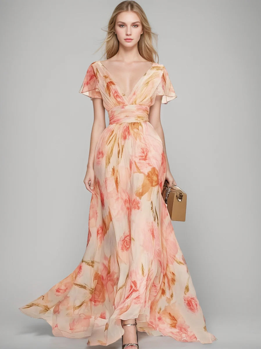 orange floral mother of the bride dresses Printed Floral V-Neck A-Line Mother of the Bride Dress with Ruffles and Short Sleeves