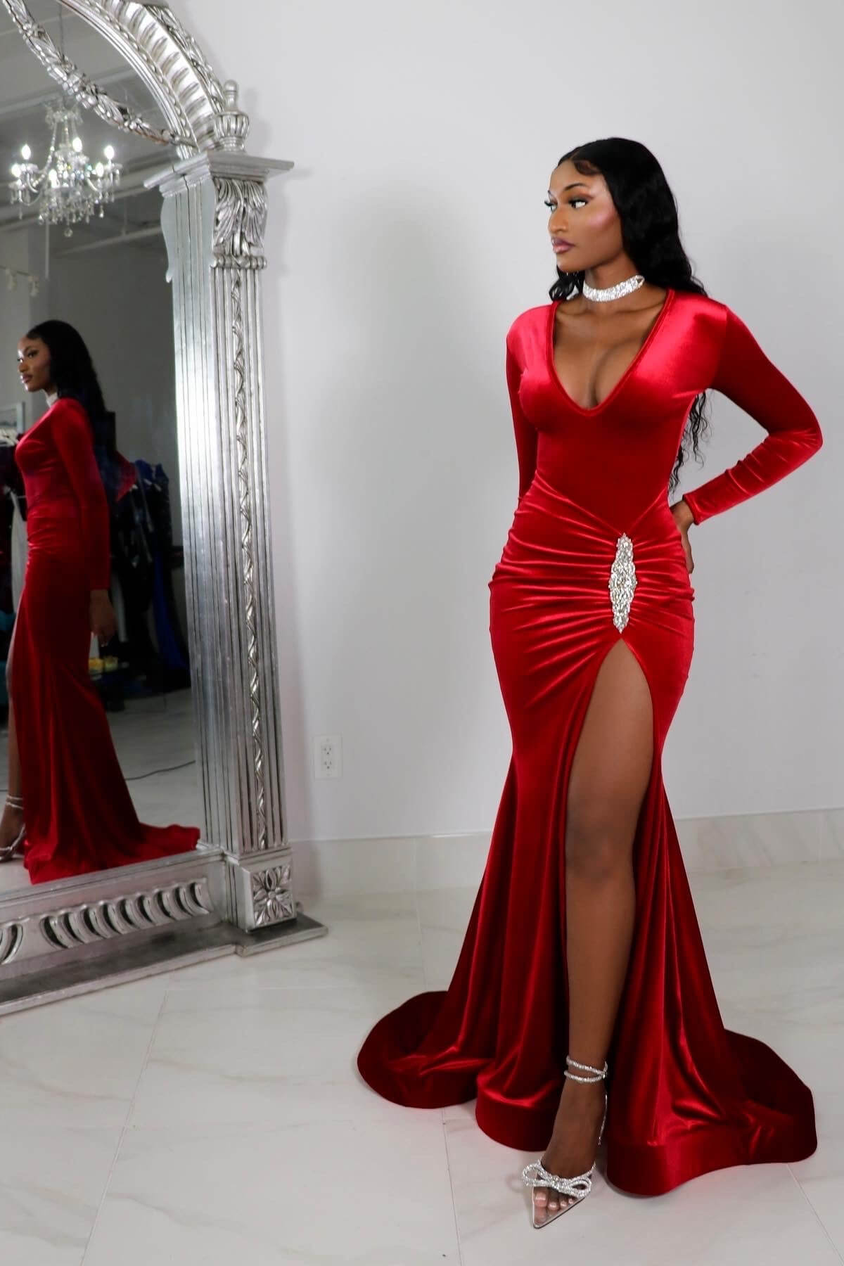 Red Long Formal Dress Long Sleeves Simple With High Split Pleated Red Long Formal Dress Long Sleeves Simple With High Split Pleated