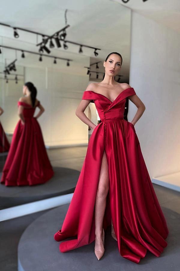 red satin prom dress with pockets Deep V-neck Beaded Red Satin Prom Dresses with Pocket,Long Formal Pageant Dresses APD3184