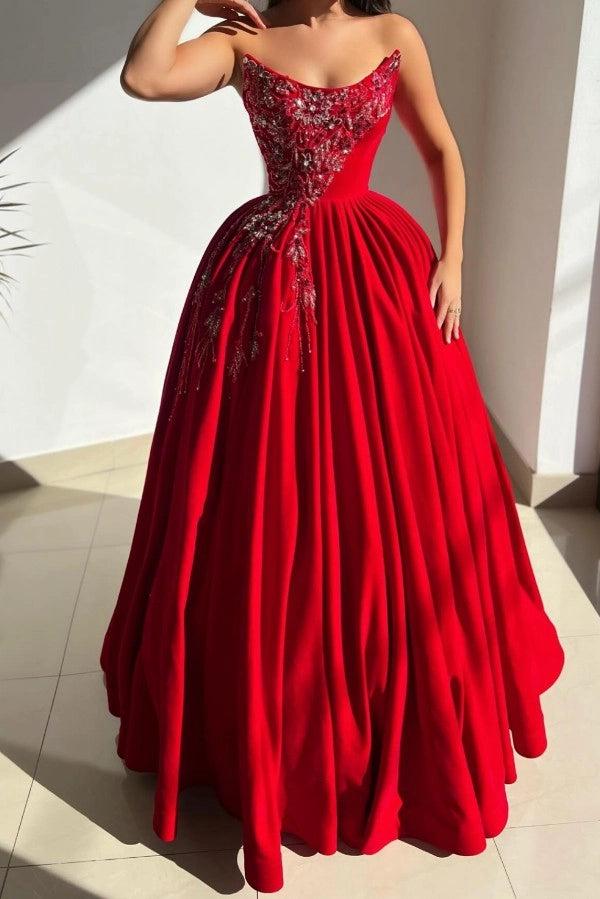 Red Satin Ball Gown Prom Dress Strapless Sweetheart Crystal Beaded Floral Applique Corset Bodice Pleated Voluminous