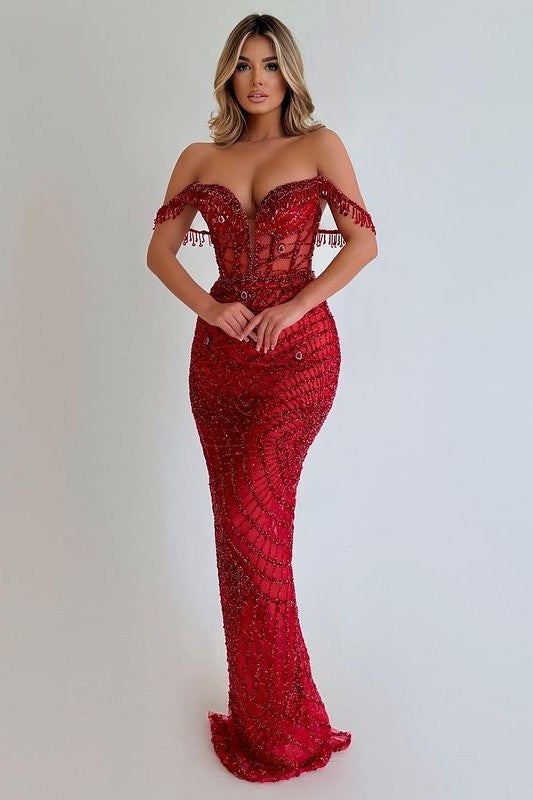 Red Sequin Prom Dress with Sleeveless Strapless Design and Long Tassel Red Sequin Prom Dress with Sleeveless Strapless Design and Long Tassel