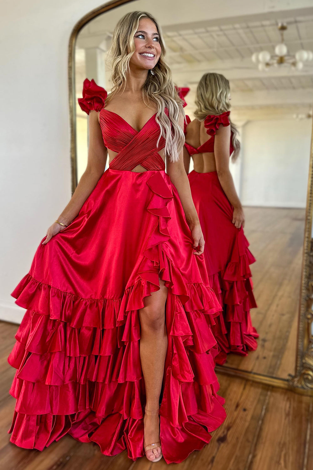 red ruffle prom dress Red V-Neck A-Line Satin Tiered Long Prom Dress with Ruffles
