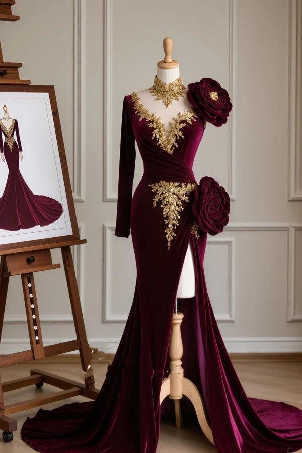 burgundy long sleeve mermaid prom dresses Regal High Neck Sleeves Dress with Appliques and Slit Square Tulle Pearl A-Line RE25 CO Size:UK 18-20 (2XL) adding a romantic and