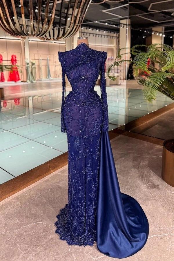 royal blue long sleeve mermaid prom dresses Royal Blue Sequin Beaded Lace Mermaid Prom Dress High Neck Long Sleeves Scallop Fringe Cuff Allover Vine Lace Diagonal Ruched Waist Satin Side Drape