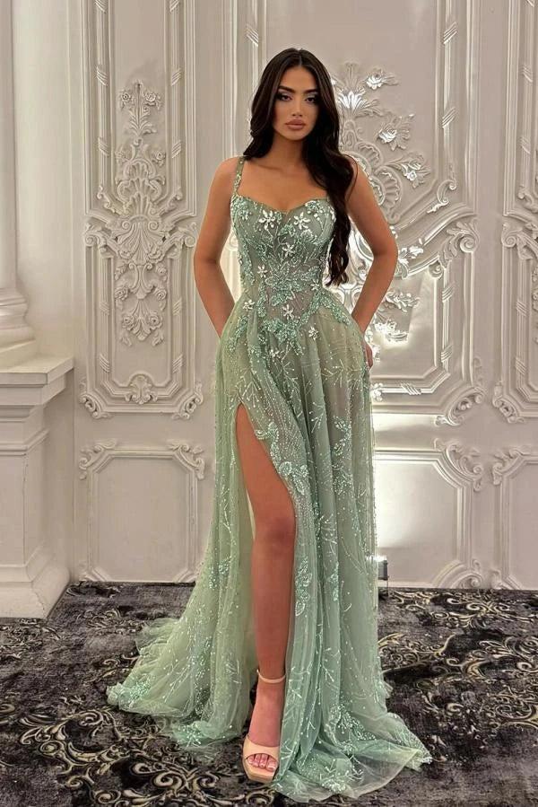 sage green beaded prom dress Prom Dress 32146
