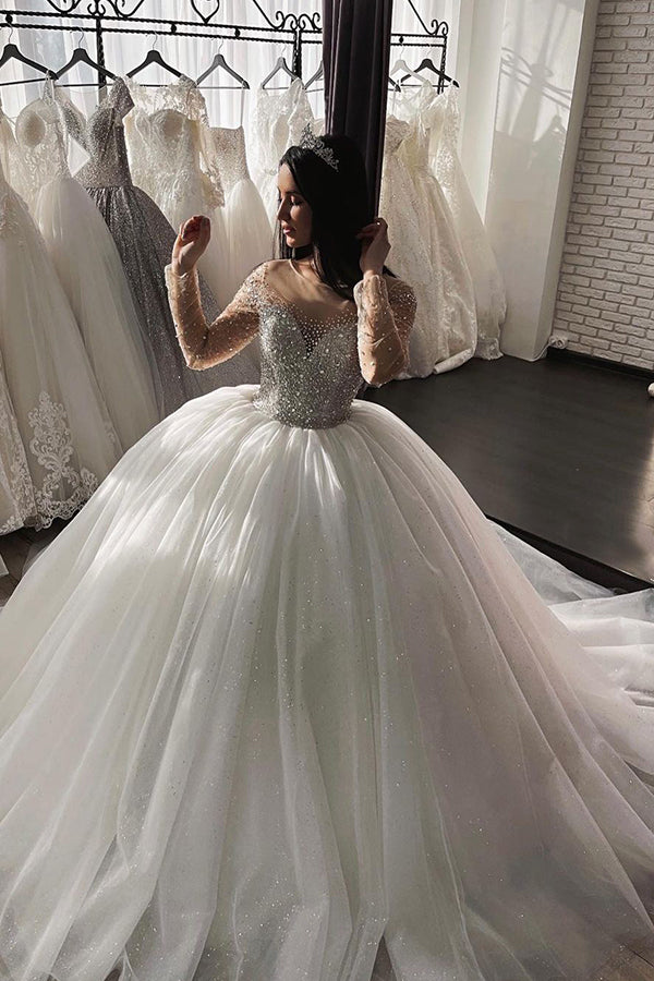 knee length dresses for ladies Elegant Satin Wedding Dress with Sheer Long Sleeves and Crystal Accents 14 / Solid Ivory main image 1