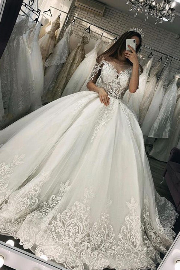 Short Sleeve Appliques Sheer Tulle Ball Gown Wedding Dress Short Sleeve Appliques Sheer Tulle Ball Gown Wedding Dress