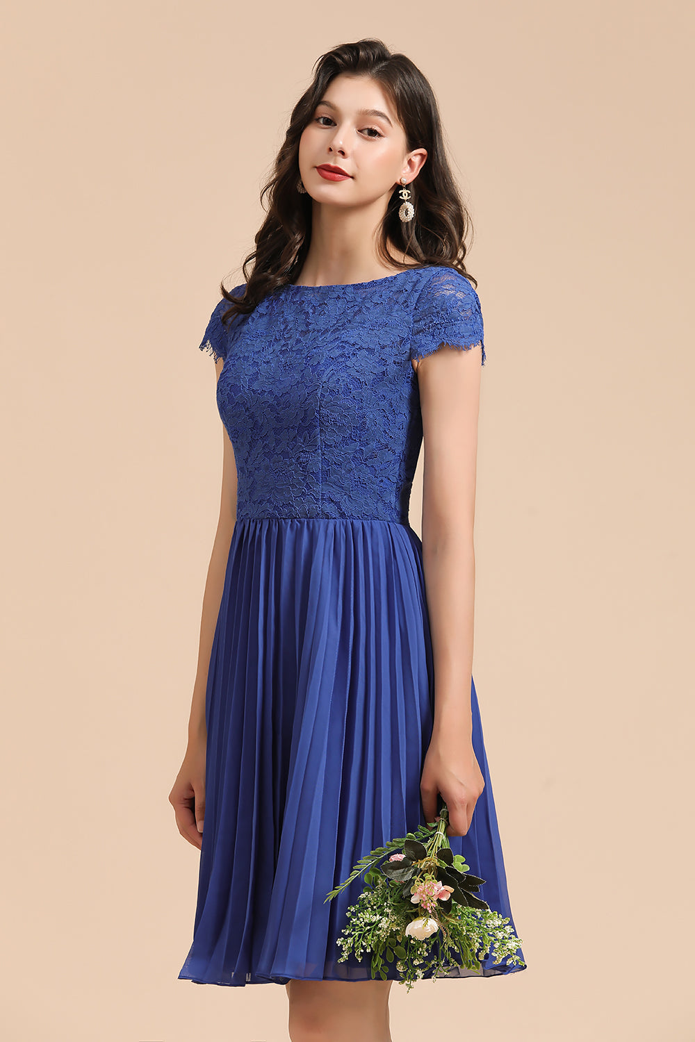 Short Sleeve Royal Blue Lace Junior Bridesmaid Dresses