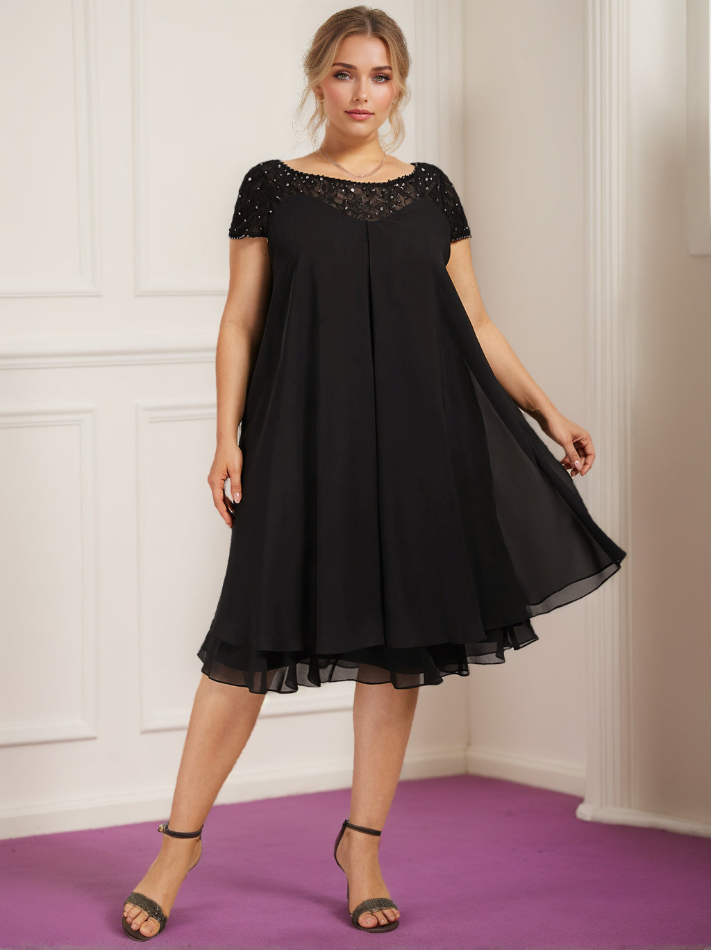 Short Sleeve Scoop Neck A-Line Princess Illusion Plus Size Mother of the Bride Knee-Length Beaded Dress with Sequins
