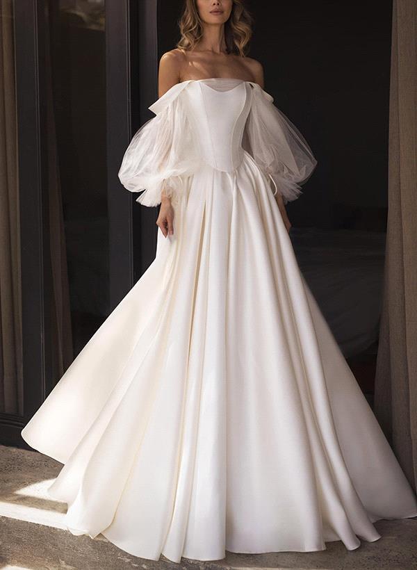 Simple A-Line Off-The-Shoulder Long Sleeves Satin Wedding Dresses With Simple A-Line Off-The-Shoulder Long Sleeves Satin Wedding Dresses With