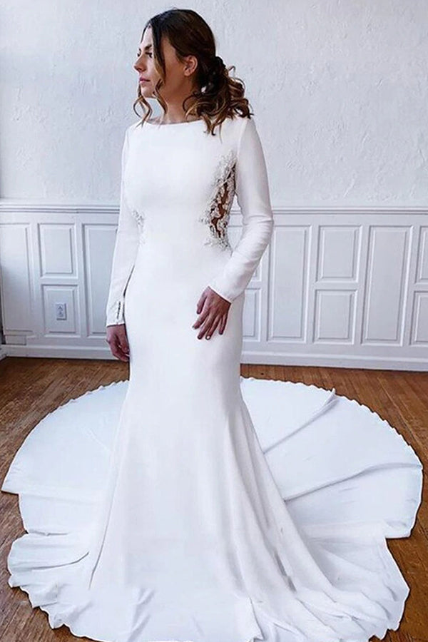 chinese dress ladies Sweep/Brush Train Long Sleeves Lace Sheath/Column Wedding Dress With B main image 1