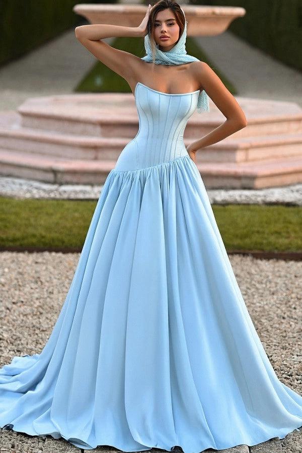 light blue dress with train Simple Sky Strapless Sleeveless A-line Prom Ruffles and Chapel 40 cm/ 15.72XL stylish denim dress women Option:1/EA | Size : 2 x 2 - HB2214EA Blue Floor Length Dress