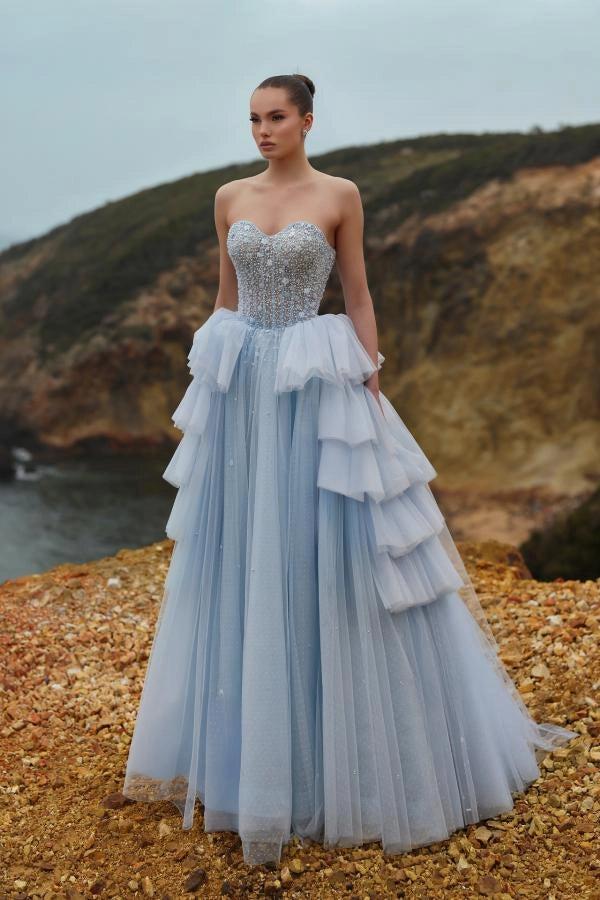 blue crystal prom dress Long Crystal Prom Dress: Ladivine CD2420 Light Blue / 2