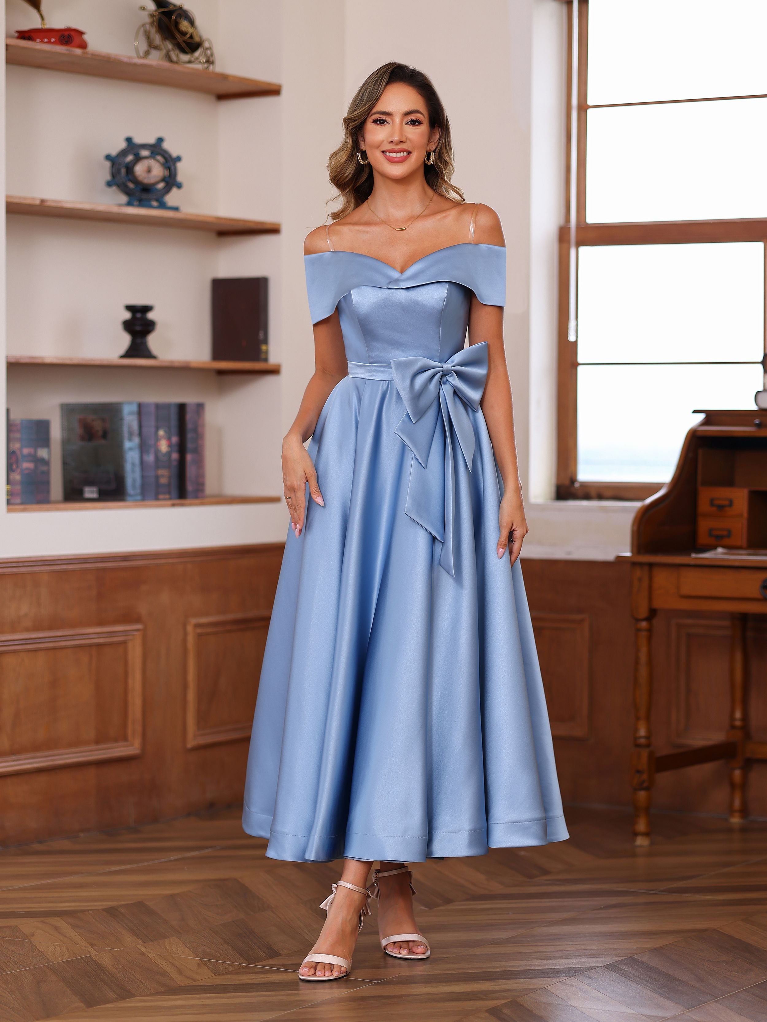 Sleeveless Off-The-Shoulder A-Line Mother of The Bride Dress with Pockets Princess Ankle-Length