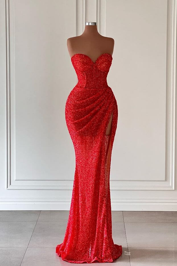 open lace back dress Sleeveless Red Mermaid Sequins Prom Dress With Sweetheart Neckline and