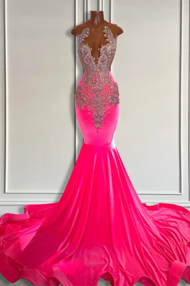 velvet mermaid prom dress Sleeveless Velvet Mermaid Style Dress with Beadings in Pink Barbie Col