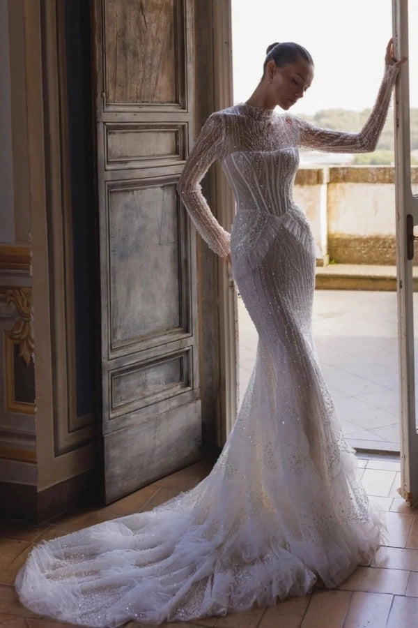 Sparkling White High-Neck Long-Sleeve Mermaid Wedding Dress with Sequi