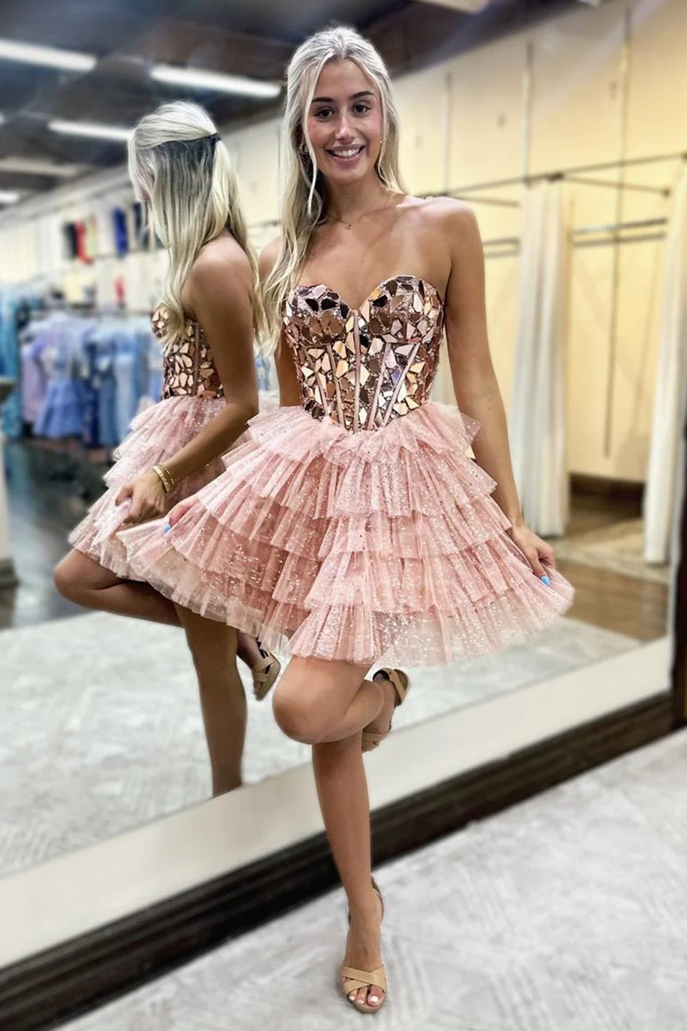 Sparkly Champagne Mirror Sweetheart A-Line Tulle Tiered Homecoming Dress Sparkly Champagne Mirror Sweetheart A-Line Tulle Tiered Homecoming Dress