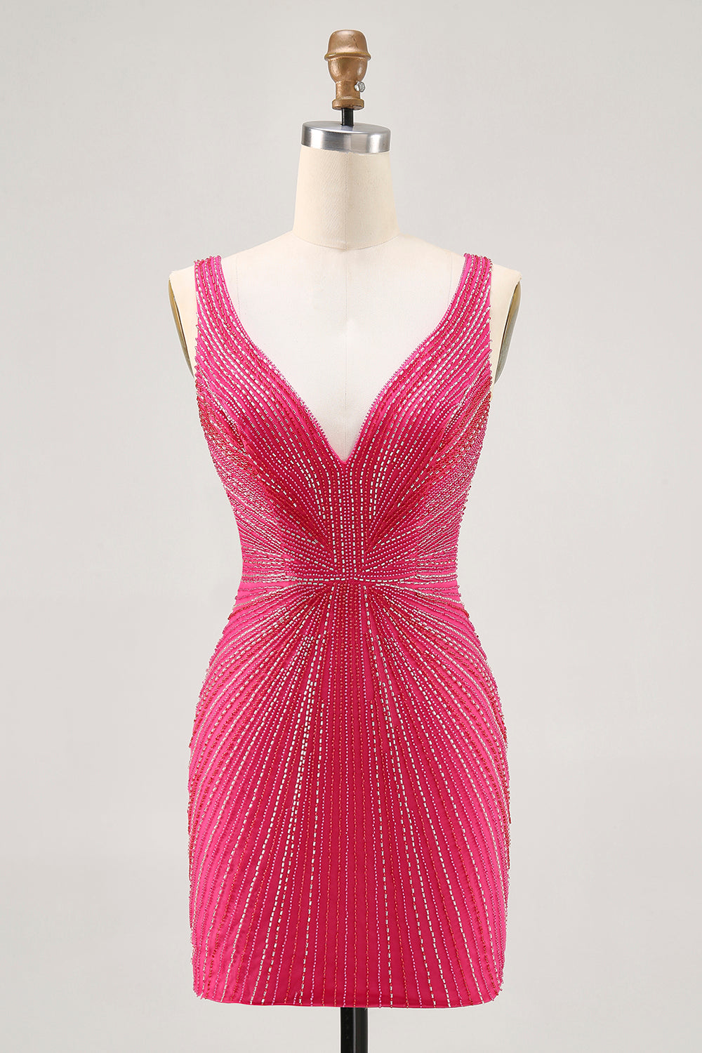 Sparkly Fuchsia V-Neck Tight Short Homecoming Dress with Beading Sparkly Fuchsia V-Neck Tight Short Homecoming Dress with Beading