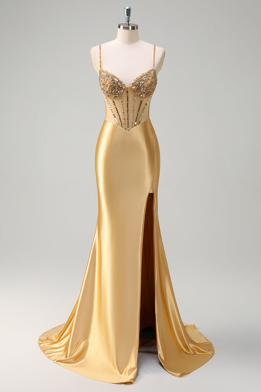 Sparkly Gold Spaghetti Straps Satin Mermaid Long Corset Prom Dress with  Sequins