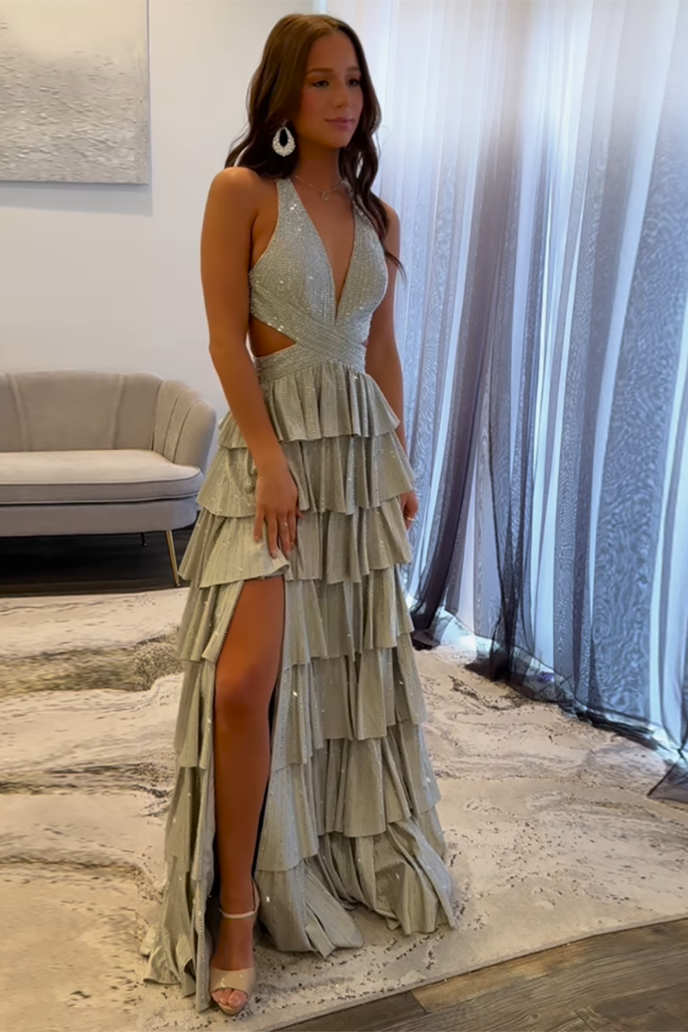 Sparkly Grey A Line Tiered Corset Long Beaded Prom Dress with Slit Sparkly Grey A Line Tiered Corset Long Beaded Prom Dress with Slit