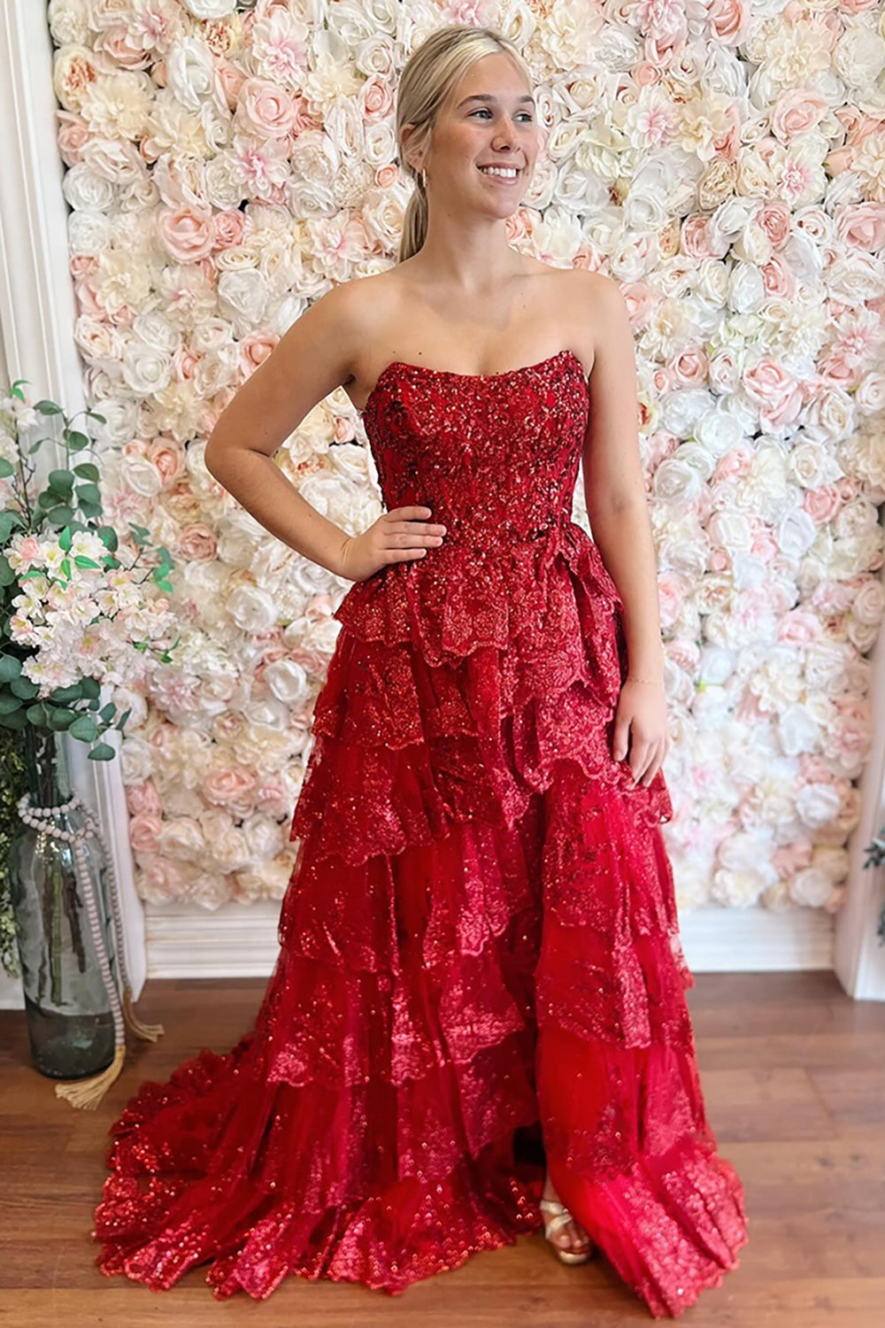 Sparkly Red Sequin Strapless Princess Tulle Tiered Long Corset Prom Dress with Slit Sparkly Red Sequin Strapless Princess Tulle Tiered Long Corset Prom Dress with Slit