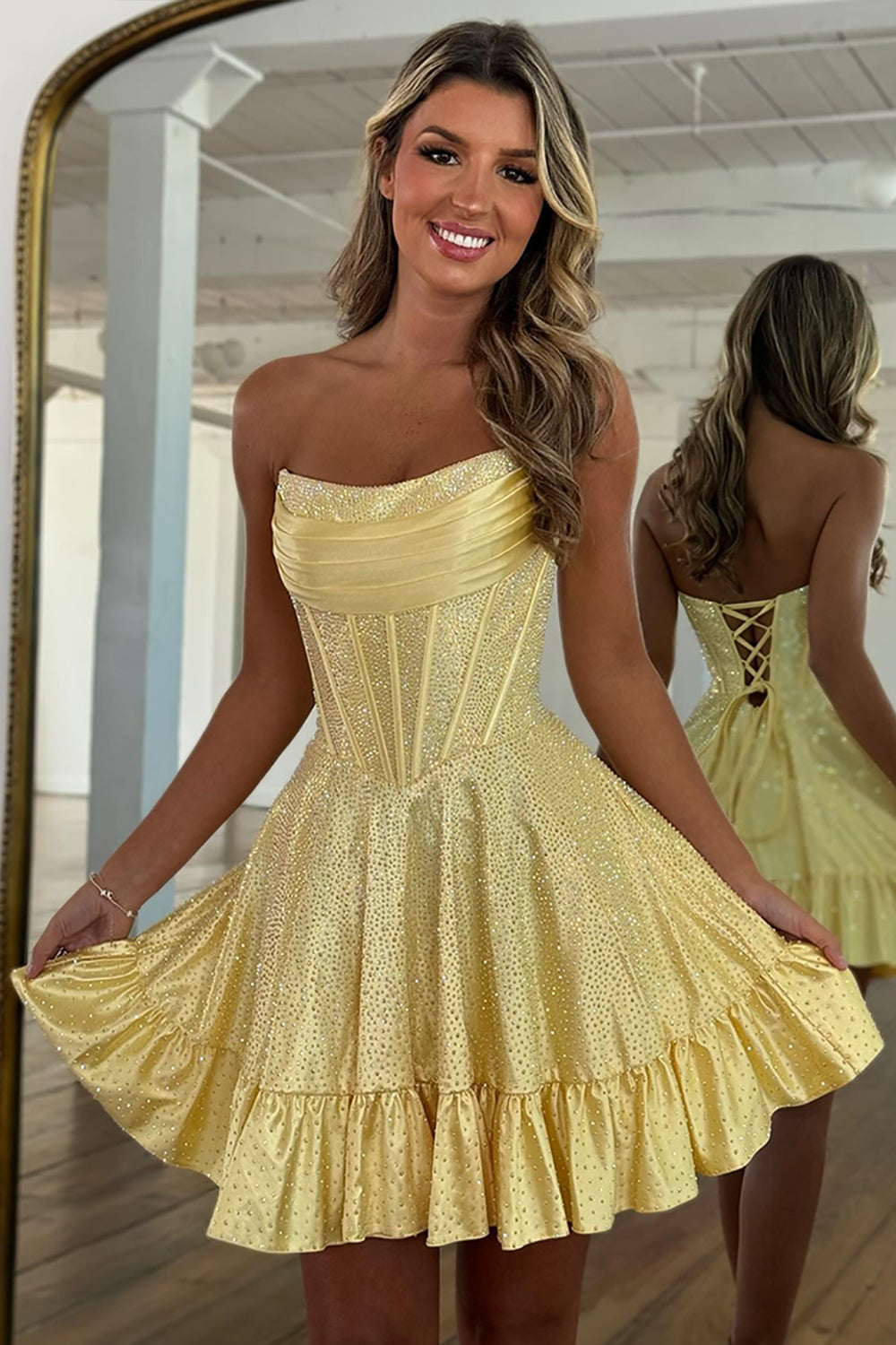 Sparkly Yellow Strapless Satin Beaded Short Corset Homecoming Dress Sparkly Yellow Strapless Satin Beaded Short Corset Homecoming Dress