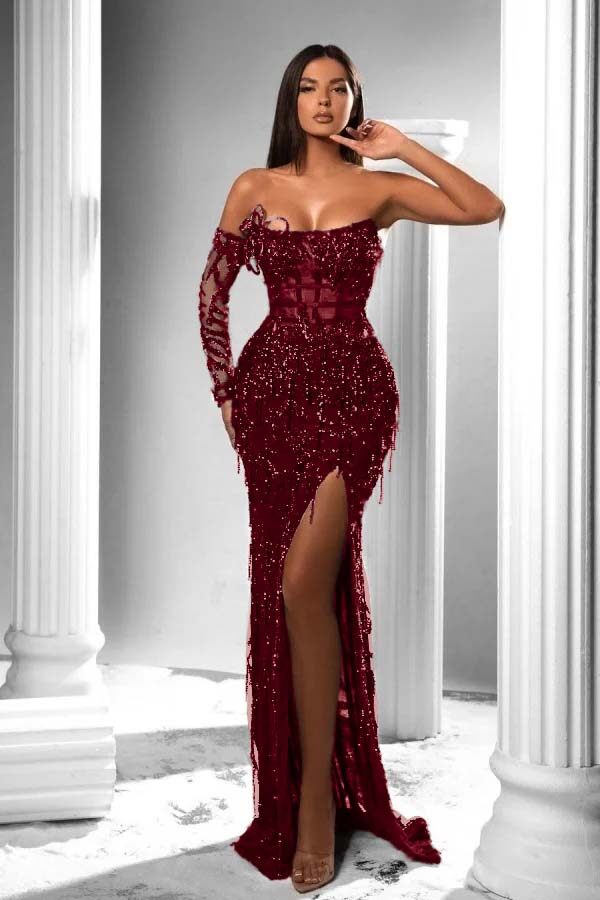 Strapless Long Sleeve High Split Long Formal Dress With Appliques Strapless Long Sleeve High Split Long Formal Dress With Appliques