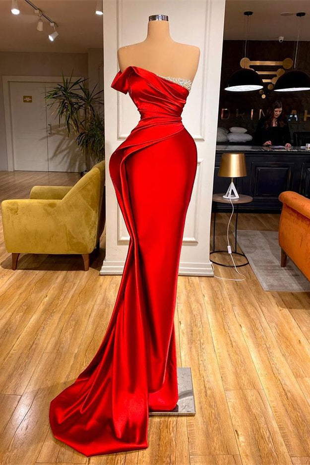 chinese dress ladies Strapless Red Mermaid Prom Dress with Long Beadings