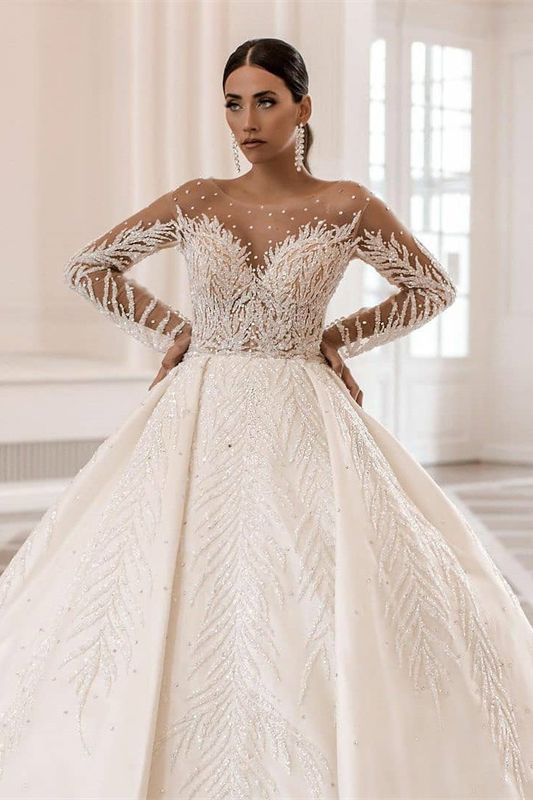 Stunning Long Sleeve Bateau Crystal Pearl A-Line Satin Bridal Dress