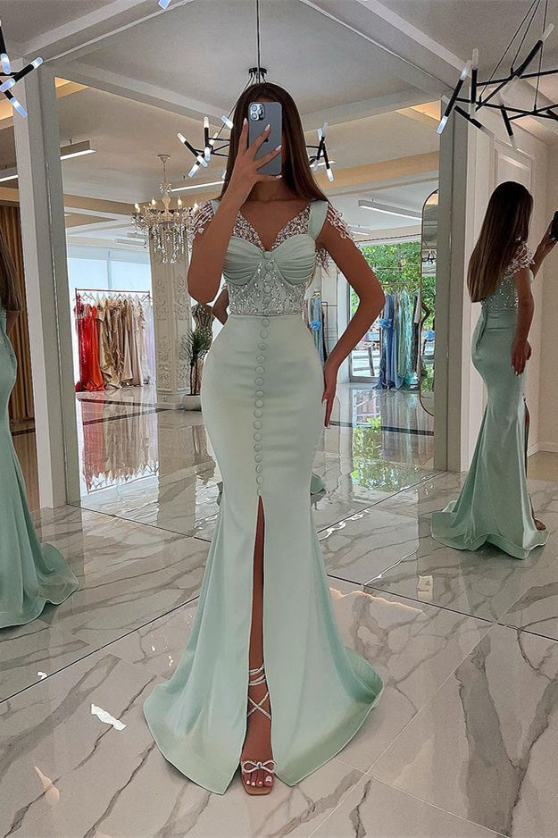 green cap sleeve prom dress Green Chiffon Long A-Line Prom Dress, Long Sleeve Evening Graduation D main image 1