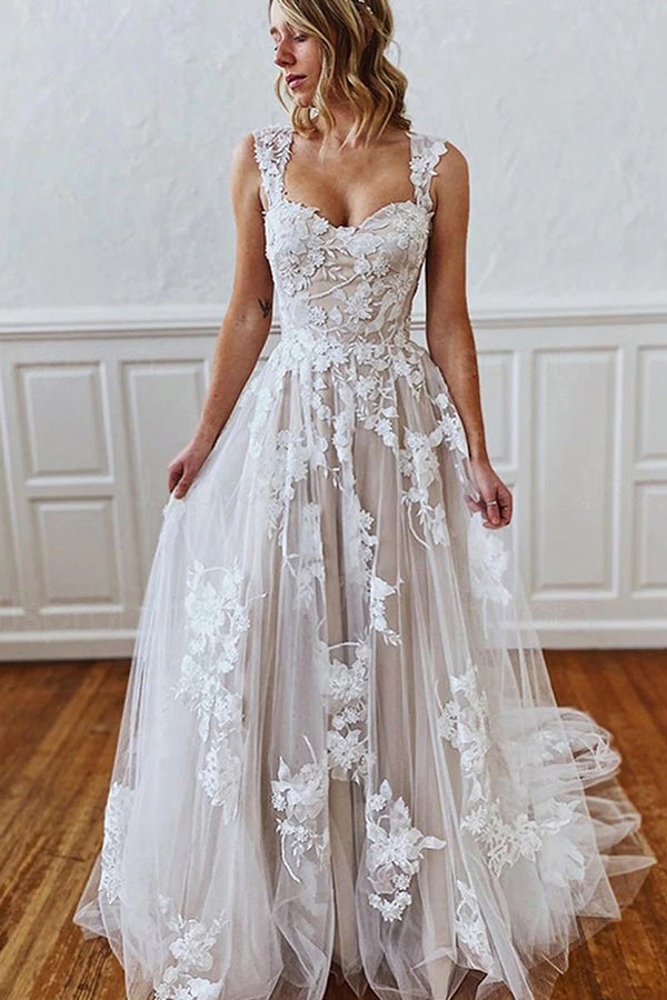 Sweetheart Appliques A-line Wedding Dress with Long Straps