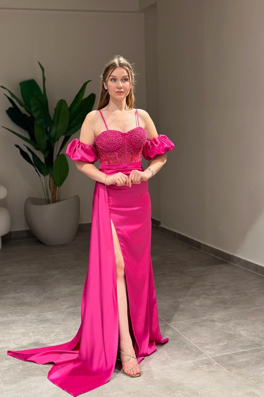 green emerald velvet dress Sweetheart Bubble Sleeves High Split Long Formal Dress with Beading