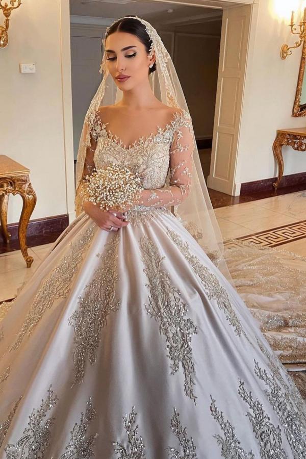 Sweetheart Long Sleeve Beading Pearl Satin Wedding Dress