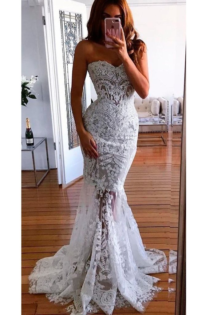 sweetheart mermaid wedding dresses Sweetheart Mermaid Lace Appliques Long Wedding Dress
