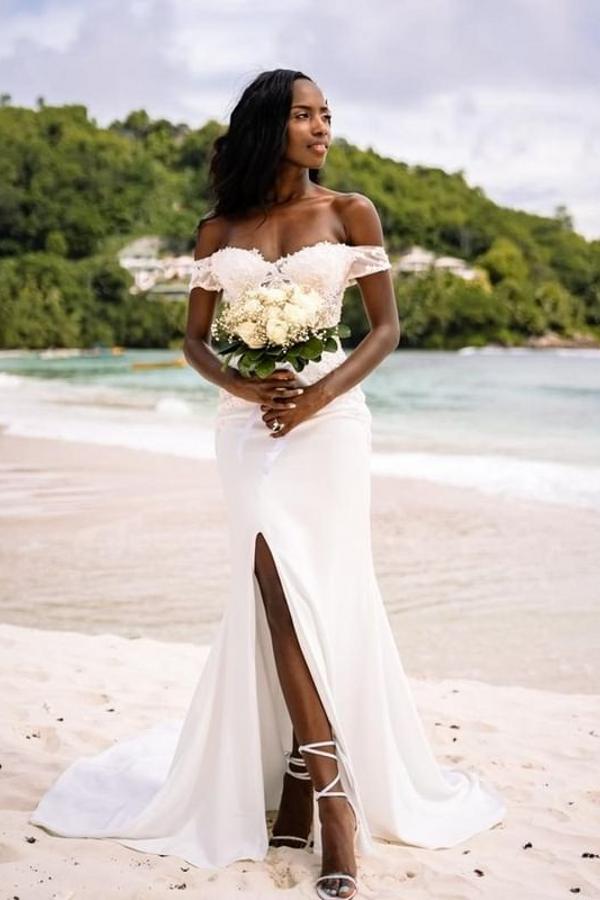 Sweetheart Off-the-Shoulder Wedding Gown with Slit