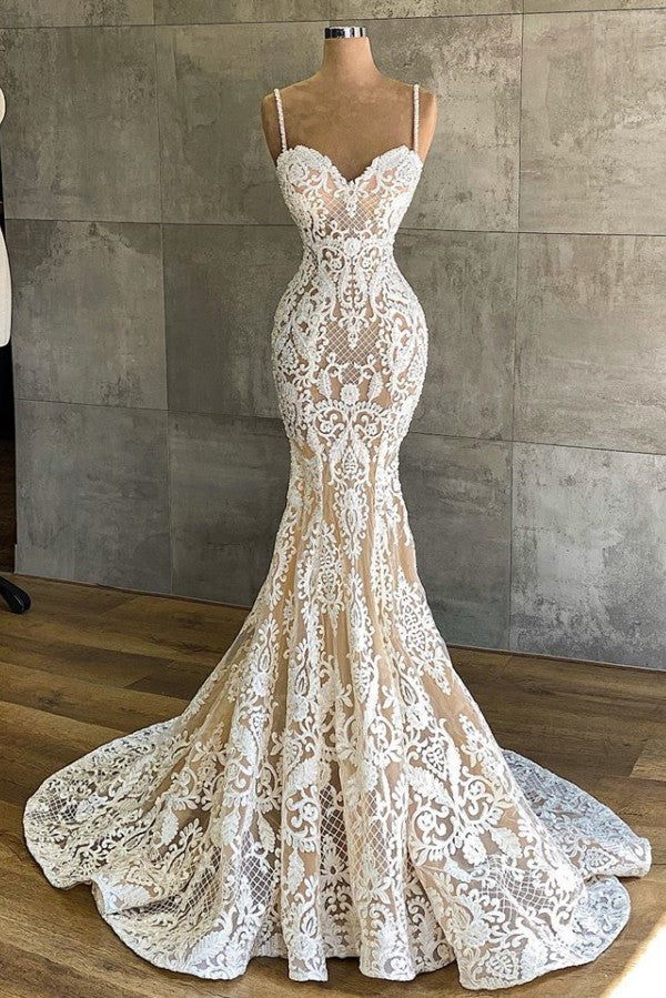 Sweetheart Spaghetti Straps Appliques Lace Floor-length Mermaid Weddin Sweetheart Spaghetti Straps Appliques Lace Floor-length Mermaid Weddin