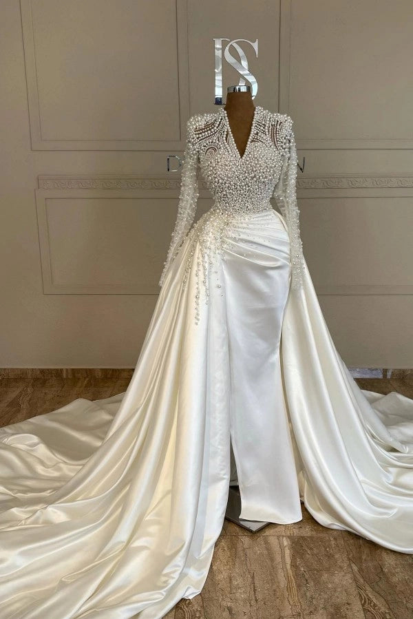 long sleeve mermaid wedding dress with detachable train Luxury Mermaid Wedding Dresses Detachable Train Long Sleeves Applique Bride  Gown