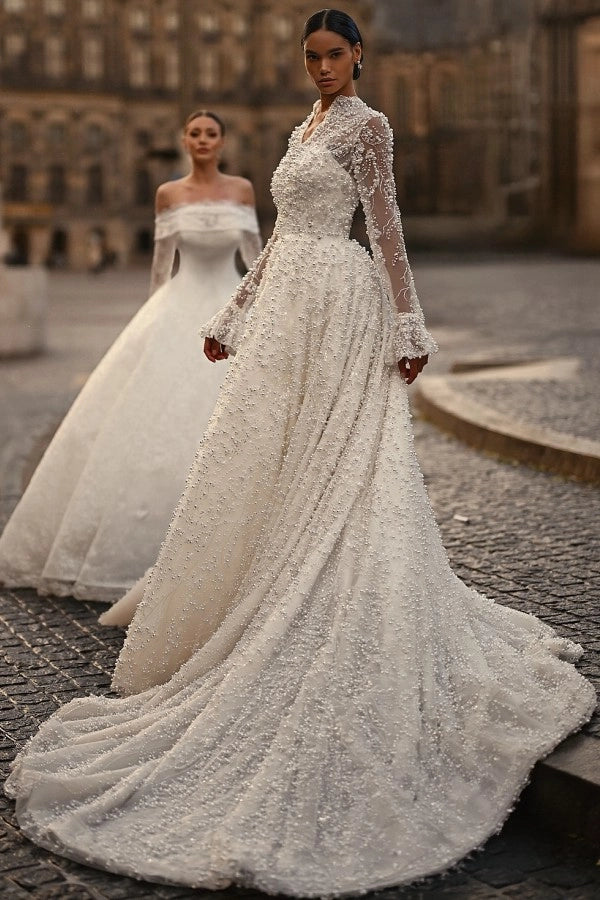lace and beads white dress Trendy Long Ivory V-Neck Long Sleeves A-Line Wedding with Corset dress