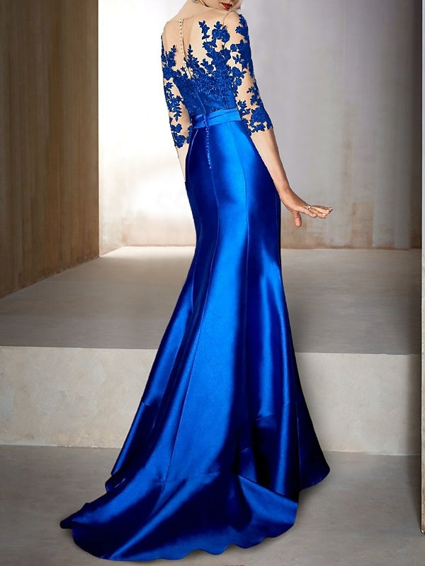 knee length dresses for ladies Trumpet Jewel Neck Half-Sleeve Floor-Length Mermaid Mother of the Bride  Dress With Appliques &