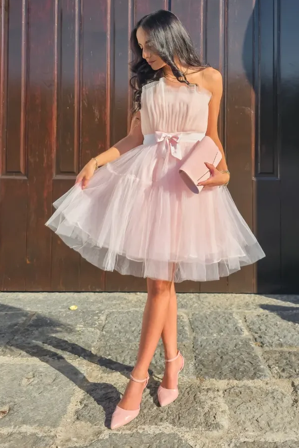 Tulle Strapless Sleeveless Short A Line Formal Dress With Belt Tulle Strapless Sleeveless Short A Line Formal Dress With Belt