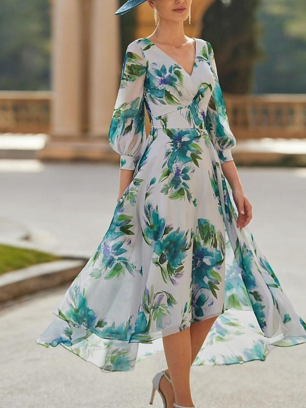 V-Neck A-Line Floral Asymmetrical Mother of The Bride Dress with 3/4 Sleeves V-Neck A-Line Floral Asymmetrical Mother of The Bride Dress with 3/4 Sleeves