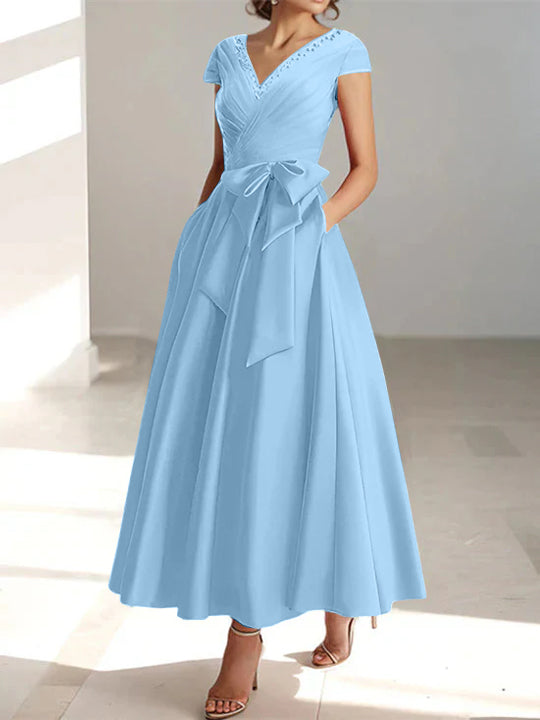 V-Neck A-Line Princess Ankle-Length Mother of the Bride Dress With Short  Sleeves Pockets