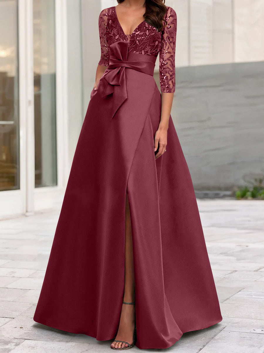 V-Neck A-Line Princess Floor-Length Mother of the Bride Gown with Side  Split Ruffles and Sequined Bow(s)