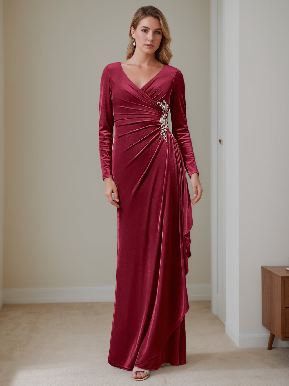 long sleeve velvet mother of the bride dresses V-Neck A-Line Princess Floor-Length Dress with Ruffled Sleeves Hips 40.2 (102 cm) Length:66