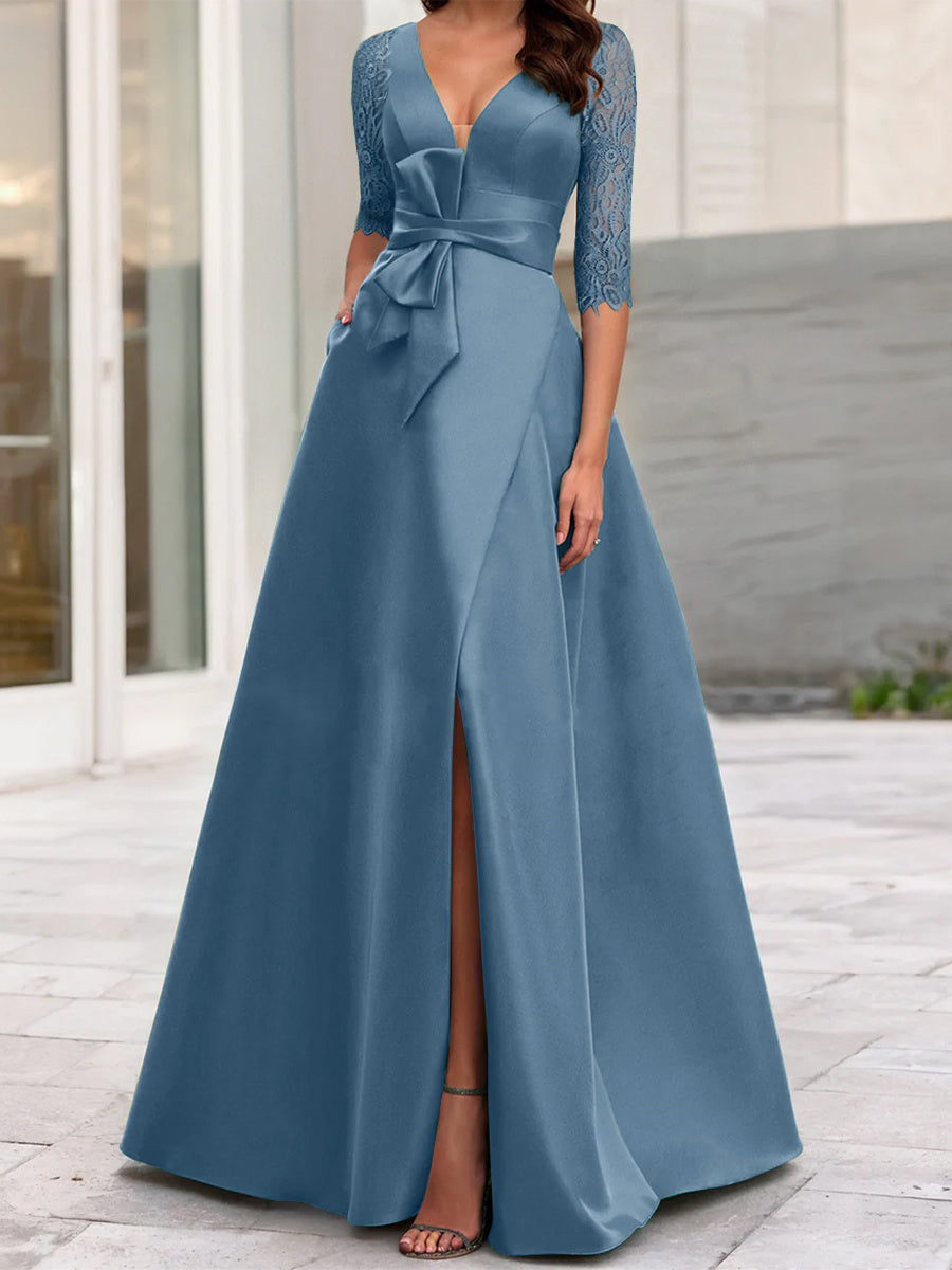 V-Neck A-Line Princess Mother of the Bride Dress with Side Split and Half  Sleeves