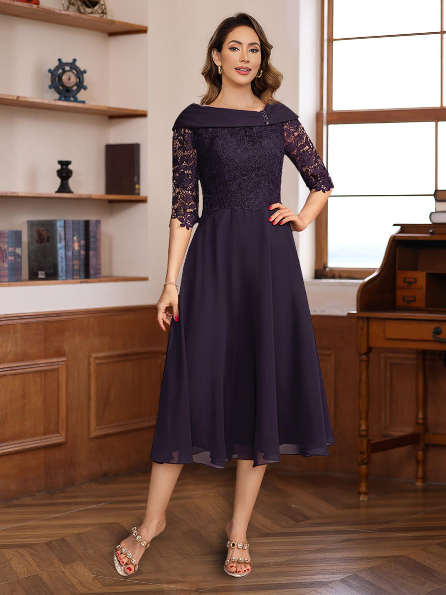 V-Neck A-Line Princess Tea-Length Dress with Half Sleeves and Lace  Appliques for Mothers
