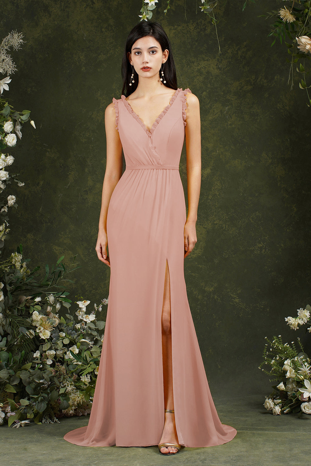 v neck chiffon bridesmaid dresses Deep V-Neck Chiffon Maxi Dress in Olive Green (Green)