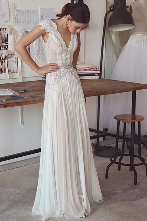 V Neck Cap Sleeves Chiffon Beach Wedding Dress V Neck Cap Sleeves Chiffon Beach Wedding Dress